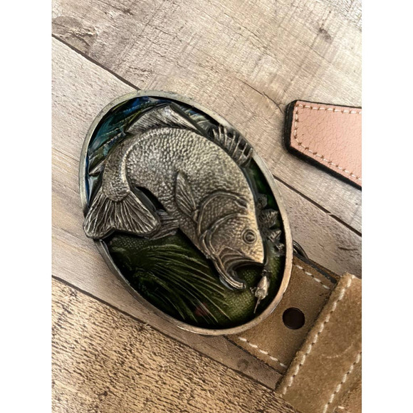 Vintage Genuine Split Cowhide Belt w/ Bergamot Brass Works Fish Buckle XL 42-44 - Picture 5 of 6